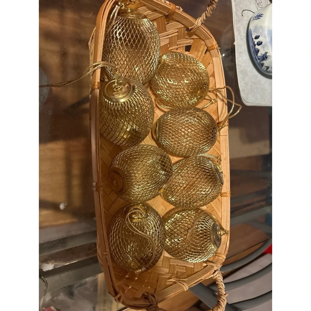 Vintage Gold Wire Mesh Christmas Ornaments Filigree Hollow Metal Egg Lot of 8